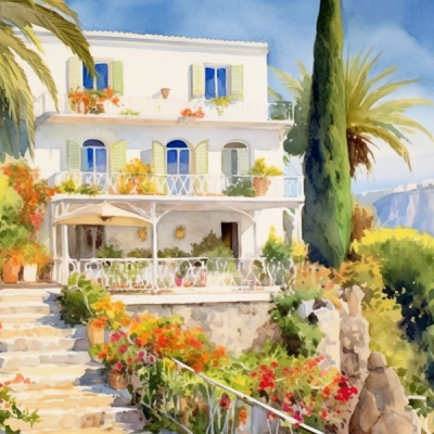 Watercolor painting of a Capri villa and its garden.