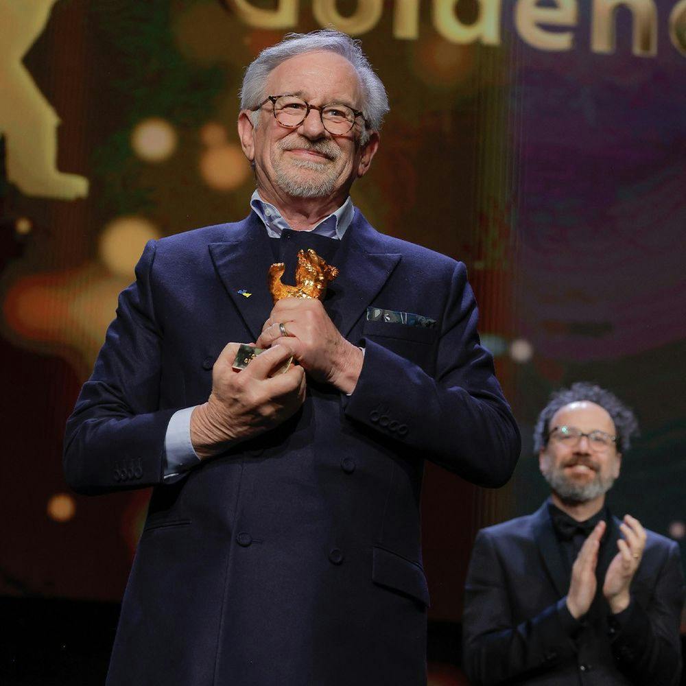 Steven Spielberg holding Berlinale Film Festival award