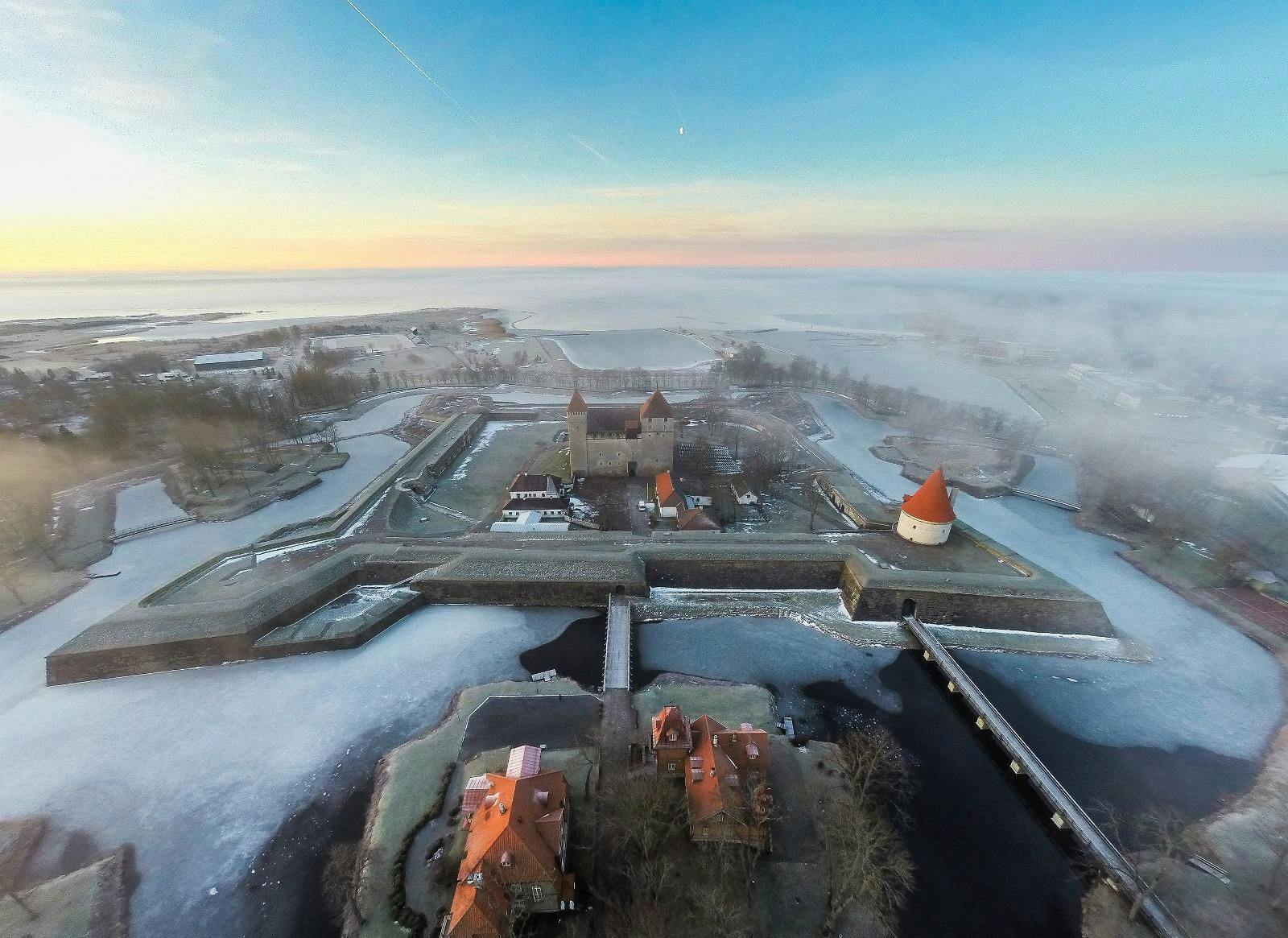 Aerial view on Kuressaare Episcopal Castle during winter in Saaremaa.