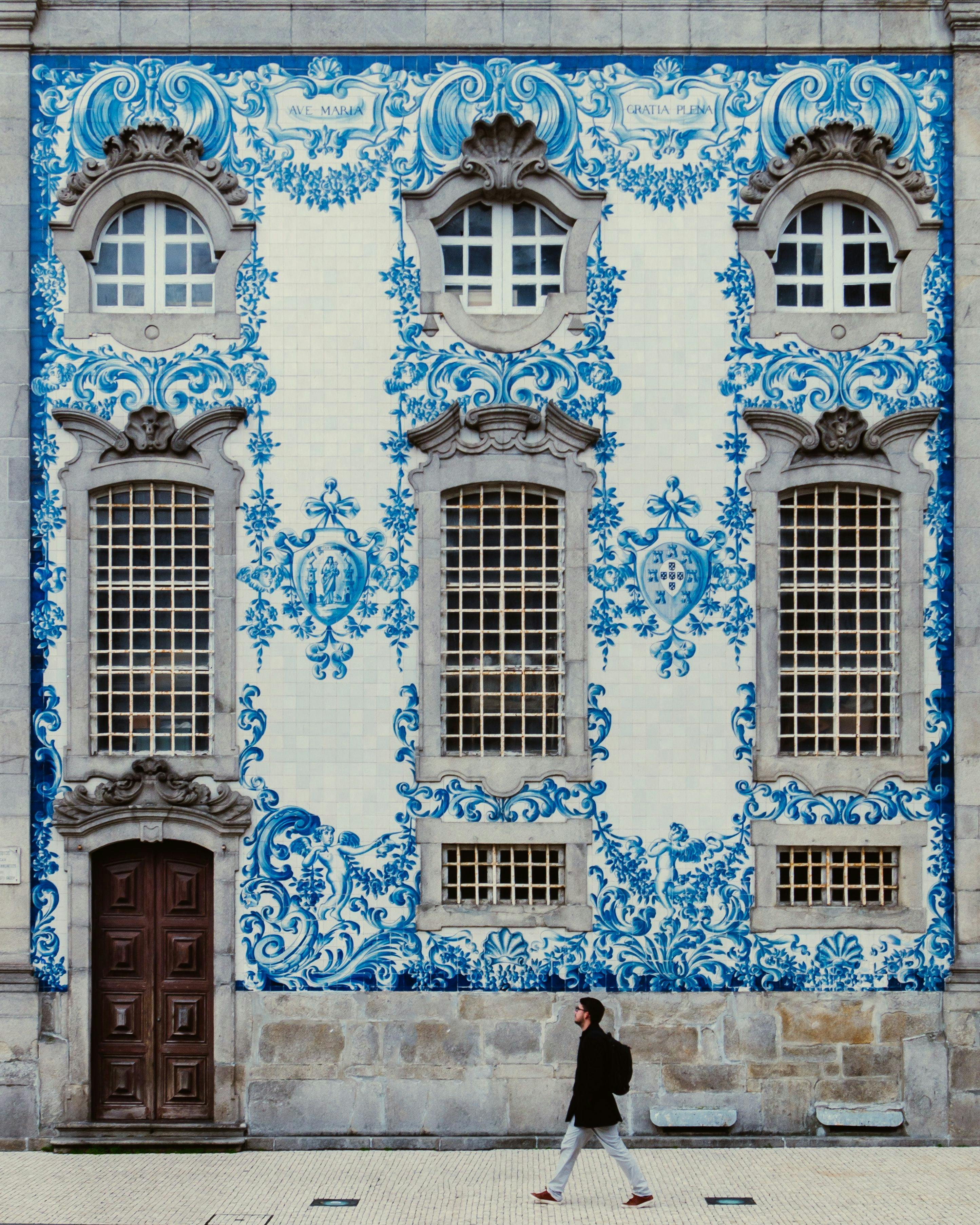 Wall decorated with azulejos in Porto, Portugal.