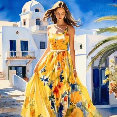 Watercolor painting of a woman in yellow dress in Santorini island. 