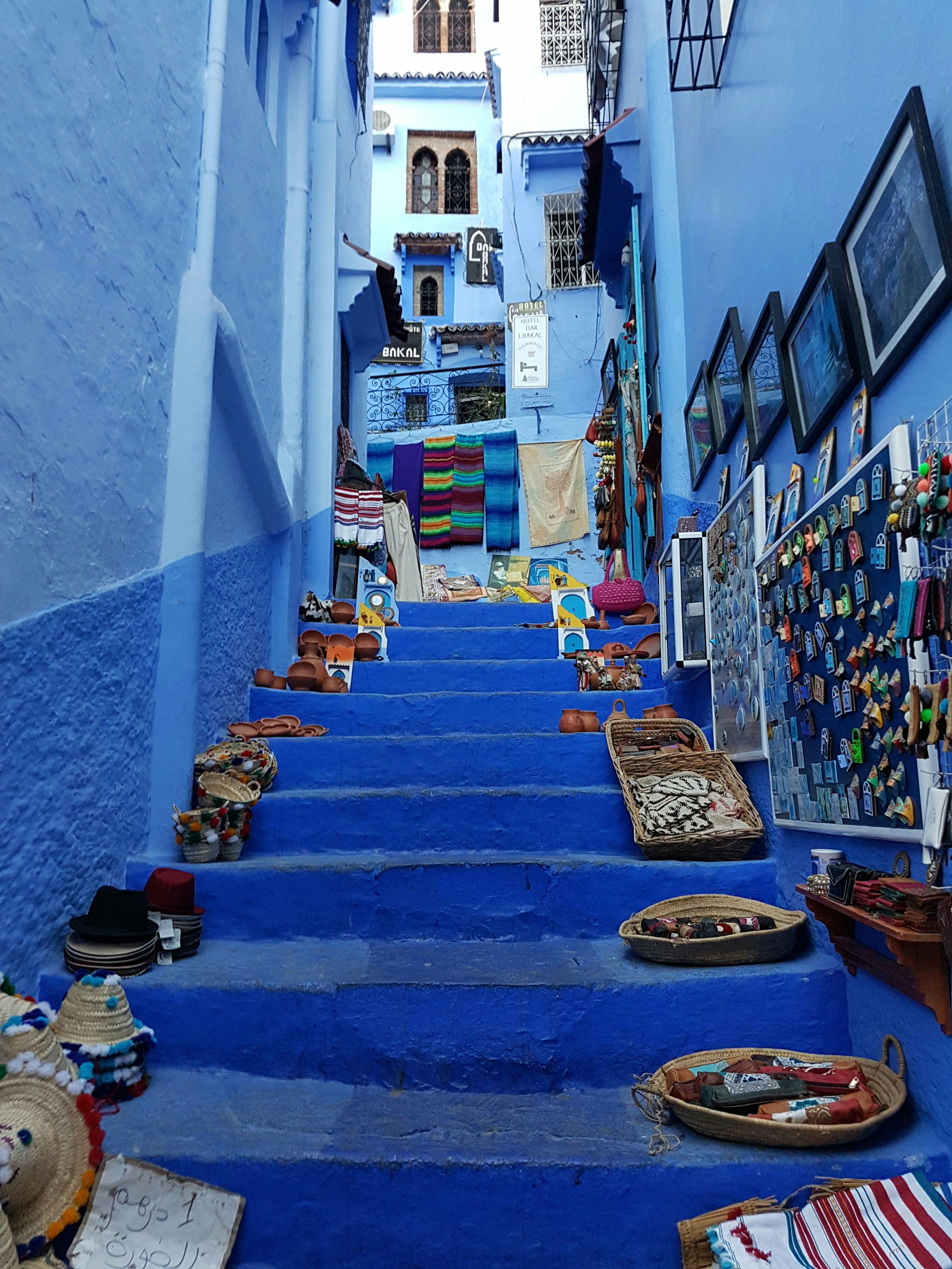 Narrow blue street in Chefchaouen, Morocco.