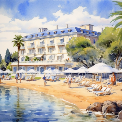 Watercolor painting of a white French Riviera hotel.