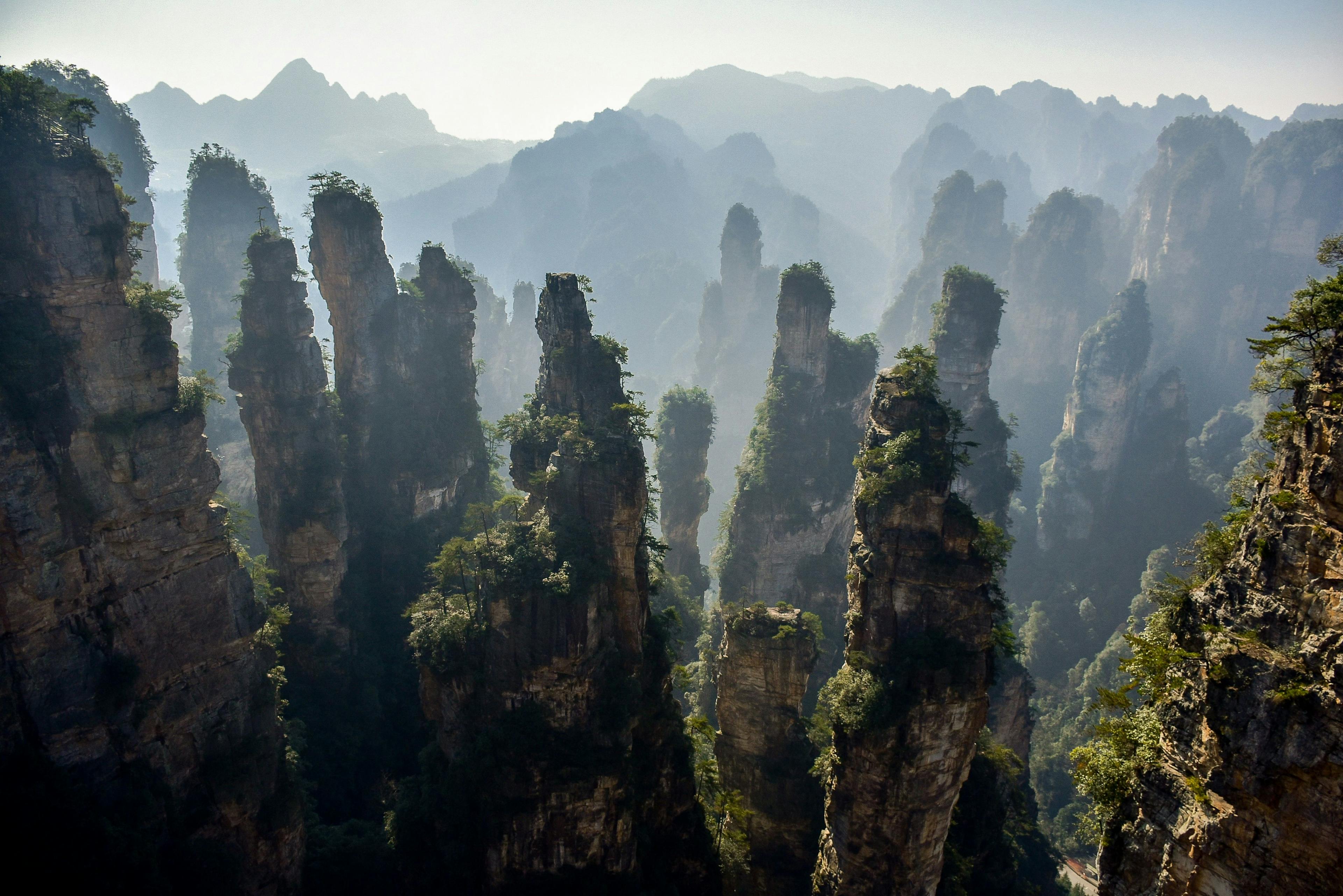 View on towering rocks in Zhangjiajie National park in China.