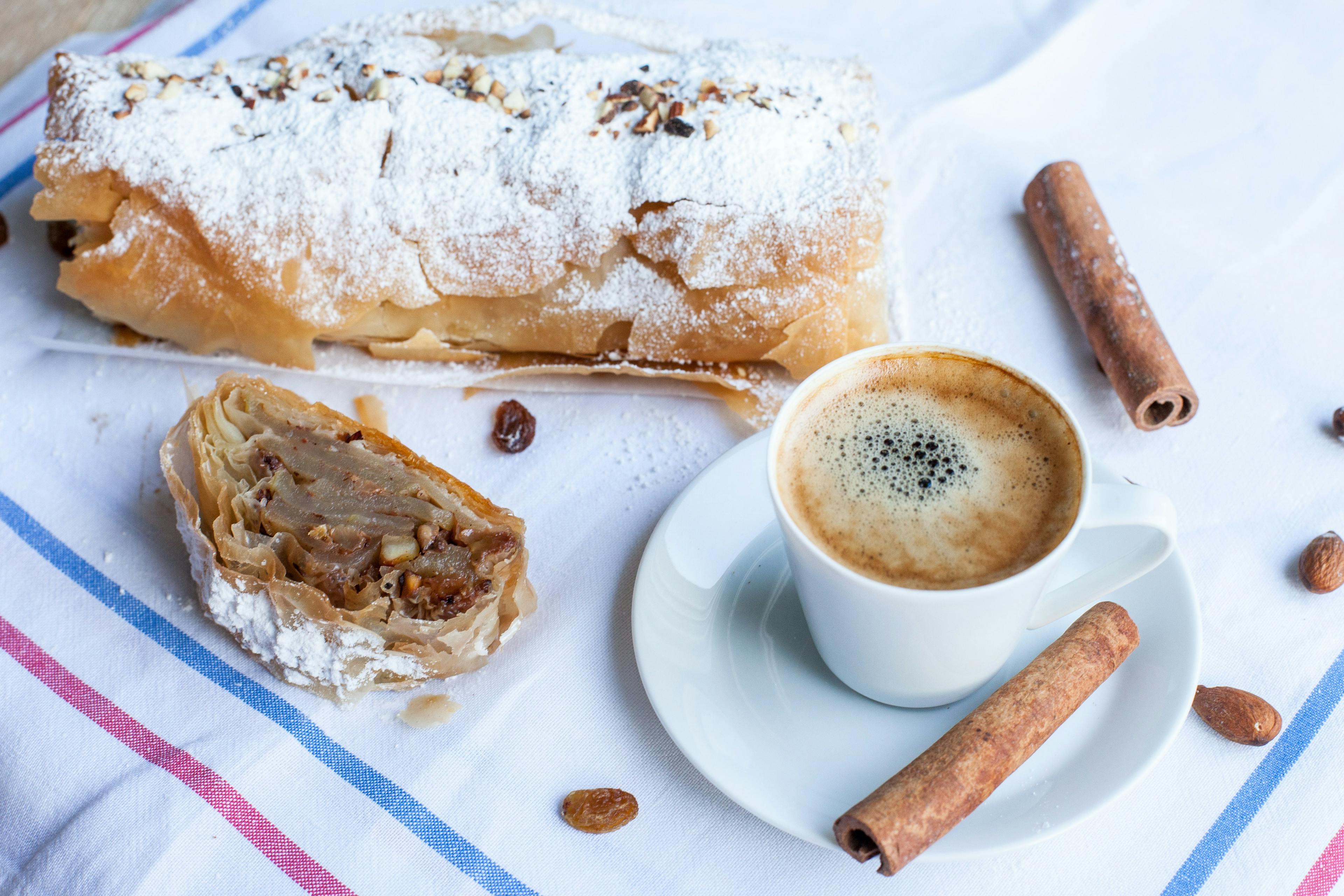 Apfelstrudel with cup of coffee