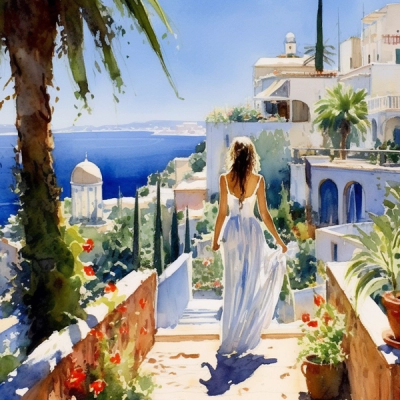 Watercolor painting of a lady in white dress walking in Capri.