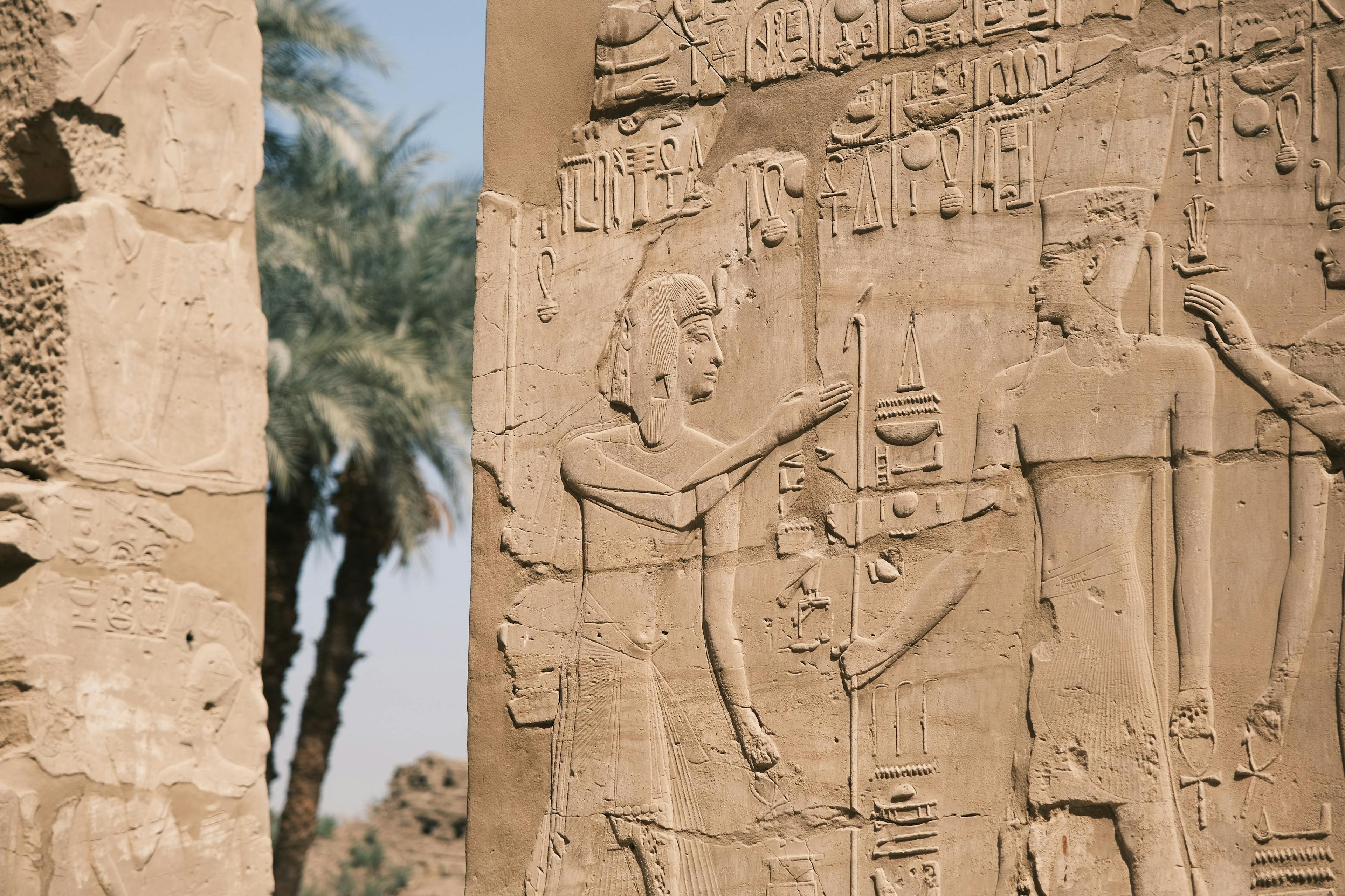 Carvings on the wall of Karnak temple in Egypt.
