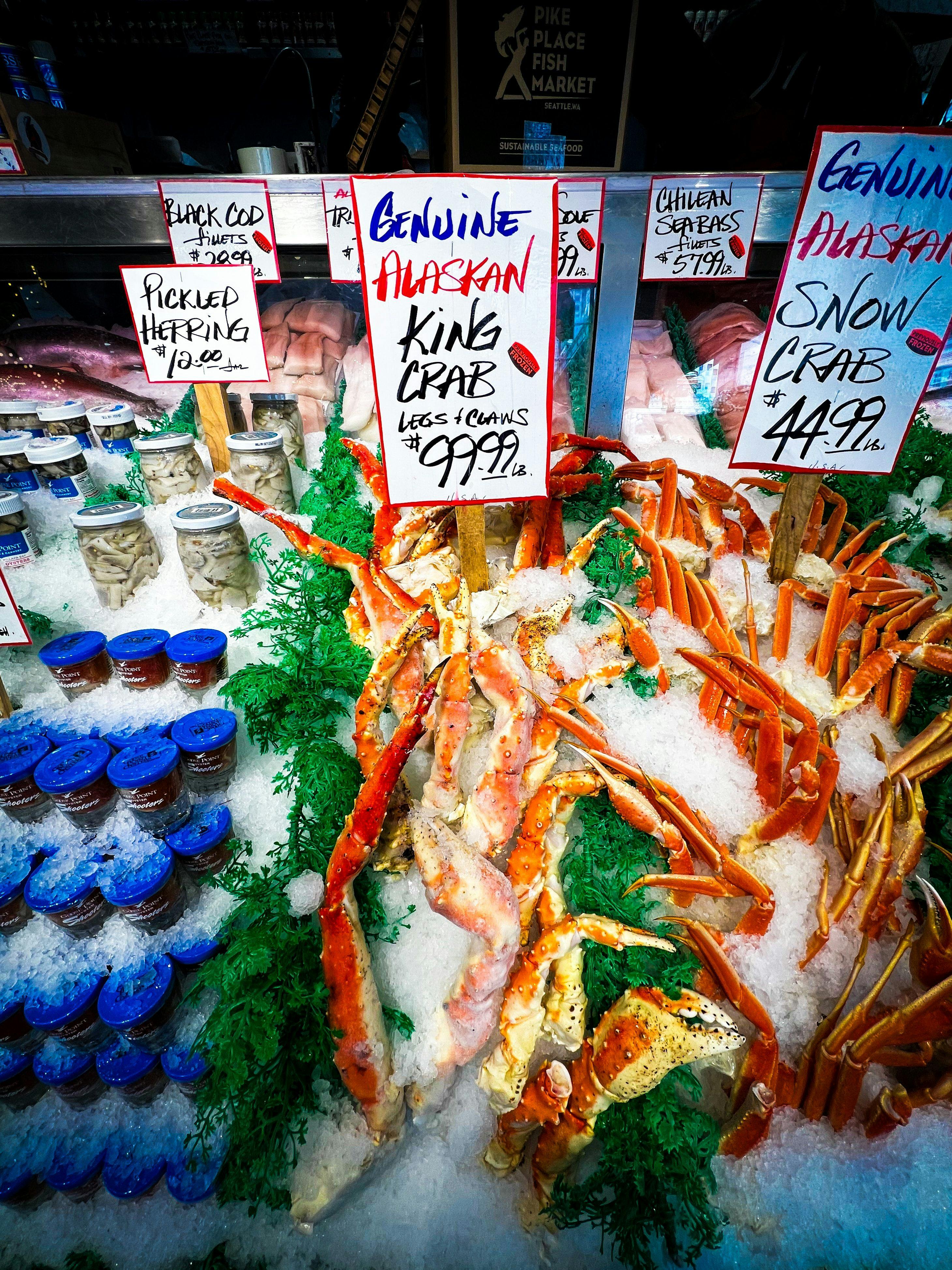 Seafood for sale in local market in Seattle.